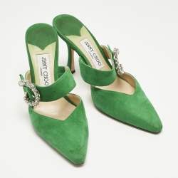 Pre Owned Jimmy Choo Green Suede Crystal Embellished Marta Mules Size 38
