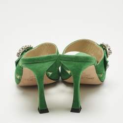 Pre Owned Jimmy Choo Green Suede Crystal Embellished Marta Mules Size 38