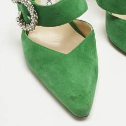 Pre Owned Jimmy Choo Green Suede Crystal Embellished Marta Mules Size 38