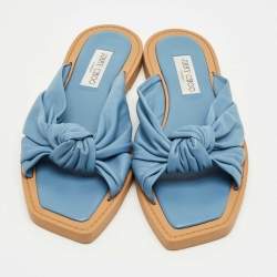 Pre Owned Jimmy Choo Blue Leather Bow Flat Slides Size 41