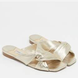 Pre Owned Jimmy Choo Gold Leather knot Flat Slide Size 41