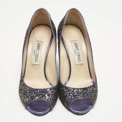 Pre Owned Jimmy Choo Purple Glitter Baxen Peep Toe Wedge Pumps Size 38.5