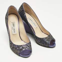Pre Owned Jimmy Choo Purple Glitter Baxen Peep Toe Wedge Pumps Size 38.5