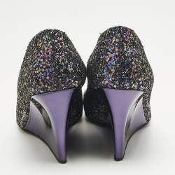 Pre Owned Jimmy Choo Purple Glitter Baxen Peep Toe Wedge Pumps Size 38.5