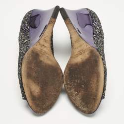 Pre Owned Jimmy Choo Purple Glitter Baxen Peep Toe Wedge Pumps Size 38.5