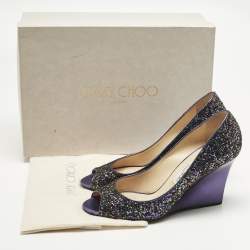 Pre Owned Jimmy Choo Purple Glitter Baxen Peep Toe Wedge Pumps Size 38.5
