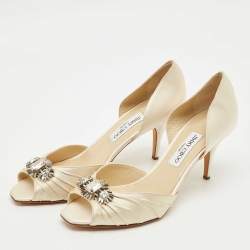 Pre Owned Jimmy Choo Cream Satin Embellished Peep Toe D’orsay Pumps Size 40.5