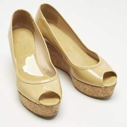 Pre Owned Jimmy Choo Beige Patent Leather Cork Wedge Papina Pumps Size 37.5