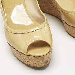 Pre Owned Jimmy Choo Beige Patent Leather Cork Wedge Papina Pumps Size 37.5