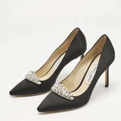 Pre Owned Jimmy Choo Black Satin Crystal Embellished Romy Pointed Toe Pumps Size 38.5