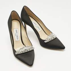Pre Owned Jimmy Choo Black Satin Crystal Embellished Romy Pointed Toe Pumps Size 38.5