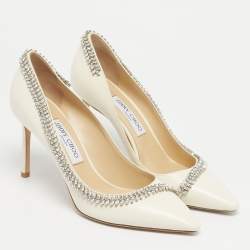 Pre Owned Jimmy Choo Cream Leather Crystal Embellished Romy Pointed Toe Pumps Size 39