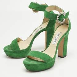 Pre Owned Jimmy Choo Green Suede Crystal Embellished Ankle Strap Sandals Size 39