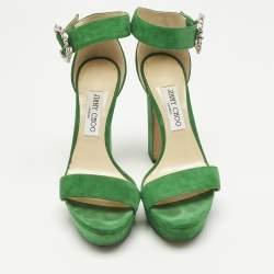 Pre Owned Jimmy Choo Green Suede Crystal Embellished Ankle Strap Sandals Size 39