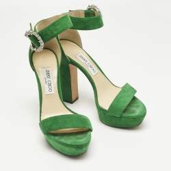 Pre Owned Jimmy Choo Green Suede Crystal Embellished Ankle Strap Sandals Size 39
