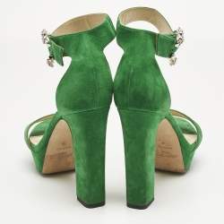 Pre Owned Jimmy Choo Green Suede Crystal Embellished Ankle Strap Sandals Size 39