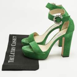 Pre Owned Jimmy Choo Green Suede Crystal Embellished Ankle Strap Sandals Size 39