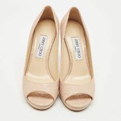 Pre Owned Jimmy Choo Beige Lizard Embossed Leather Peep Toe Pumps Size 38