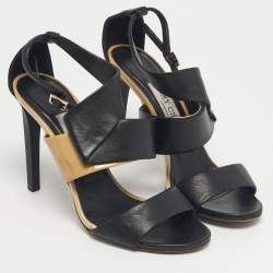 Pre Owned Jimmy Choo Black Patent and Leather Trapeze Ankle Strap Sandals Size 36