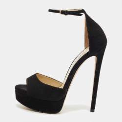 Pre Owned حذاء كعب عالي جيمي تشو سويدي أسود بحزام حول الكاحل بمقدمة منصة مقاس 38.5