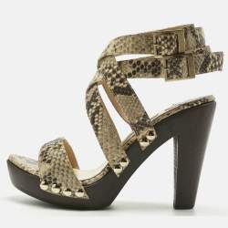 Pre Owned Jimmy Choo Beige Python Embossed Leather Unity Strappy Wooden Sandals Size 37