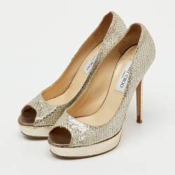 Pre Owned Jimmy Choo Metallic Gold Glitter Fabric Dahlia Peep Toe Platform Pumps Size 38.5