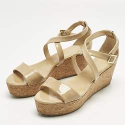 Pre Owned Jimmy Choo Beige Patent Leather Cork Wedge Cross Strap Sandals Size 40