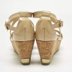 Pre Owned Jimmy Choo Beige Patent Leather Cork Wedge Cross Strap Sandals Size 40