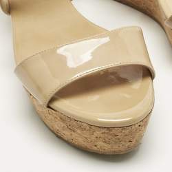 Pre Owned Jimmy Choo Beige Patent Leather Cork Wedge Cross Strap Sandals Size 40