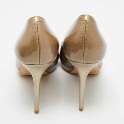 Pre Owned حذاء كعب عالي جيمي تشو مقدمة مفتوحة جلد منقوش بيج سحلية مقاس 38