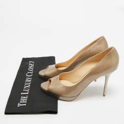 Pre Owned حذاء كعب عالي جيمي تشو مقدمة مفتوحة جلد منقوش بيج سحلية مقاس 38