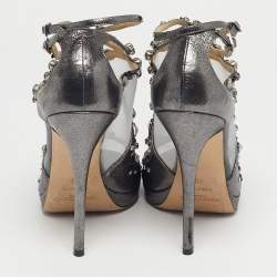 Pre Owned Jimmy Choo Silver Leather and Mesh Crystal Embellished Viola Sandals Size 38