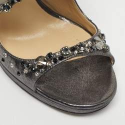Pre Owned Jimmy Choo Silver Leather and Mesh Crystal Embellished Viola Sandals Size 38