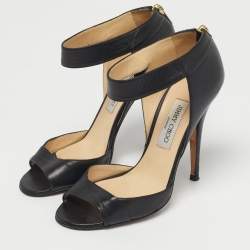 مملوكة مسبقًا Jimmy Choo Black Leather Peep Toe Ankle Strap Sandals Size 39