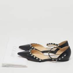 Pre Owned Jimmy Choo Black Leather Pearl Embellish Leema Ankle Strap Flats Size 38