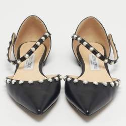 Pre Owned Jimmy Choo Black Leather Pearl Embellish Leema Ankle Strap Flats Size 38
