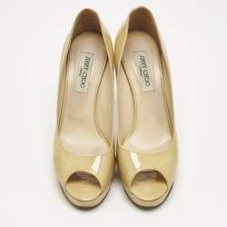 Pre Owned Jimmy Choo Beige Patent Leather Crown Peep Toe  Platform Pumps Size 40.5