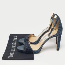 Pre Owned Jimmy Choo Metallic Blue Glitter and Leather Ankle Strap Sandals Size 40