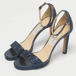Pre Owned Jimmy Choo Metallic Blue Glitter and Leather Ankle Strap Sandals Size 40