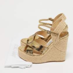 Pre Owned Jimmy Choo Gold Foil Leather Espadrille Wedge Sandals Size 37