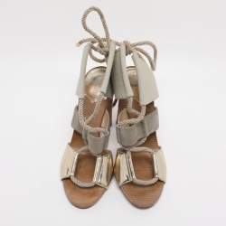 Pre Owned Jimmy Choo Grey/Gold Canvas and Leather Henni Cut Out Sandals Size 39