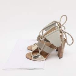 Pre Owned Jimmy Choo Grey/Gold Canvas and Leather Henni Cut Out Sandals Size 39