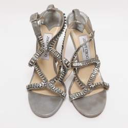 Pre Owned Jimmy Choo Metallic Grey Textured Suede Crystal Embellished Angel Sandals Size 38.5