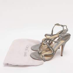 Pre Owned Jimmy Choo Metallic Grey Textured Suede Crystal Embellished Angel Sandals Size 38.5