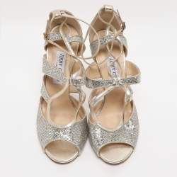 Pre Owned Jimmy Choo Gold Glitter and Lame Fabric Kelsey Strappy Sandals Size 39