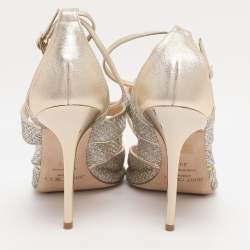 Pre Owned Jimmy Choo Gold Glitter and Lame Fabric Kelsey Strappy Sandals Size 39