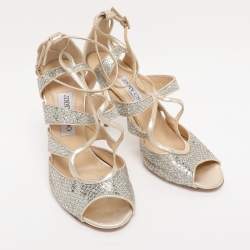 Pre Owned Jimmy Choo Gold Glitter and Lame Fabric Kelsey Strappy Sandals Size 39