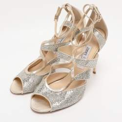 Pre Owned Jimmy Choo Gold Glitter and Lame Fabric Kelsey Strappy Sandals Size 39