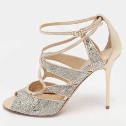 Pre Owned Jimmy Choo Gold Glitter and Lame Fabric Kelsey Strappy Sandals Size 39