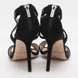 Pre Owned Jimmy Choo Black Suede Glint Rhinestone Strappy Sandals Size 38.5